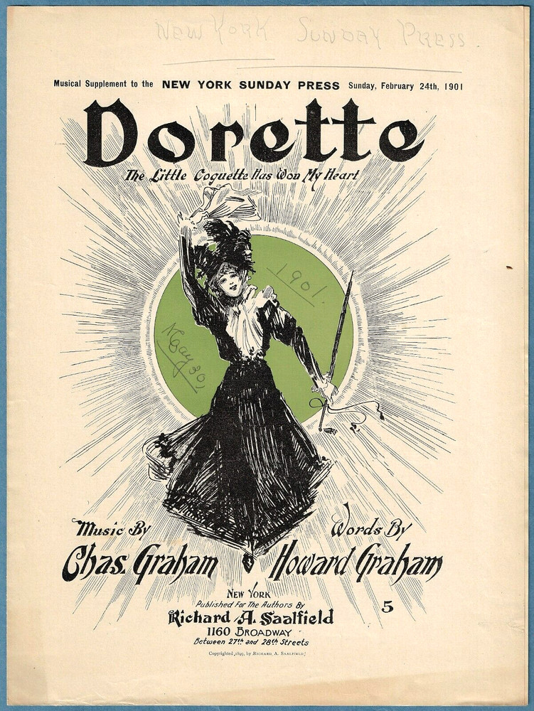 SCARCE 1901 SHEET MUSIC: « DORETTE » ~ MUSICAL SUPPLEMENT TO NEW YORK SUNDAY PRESS