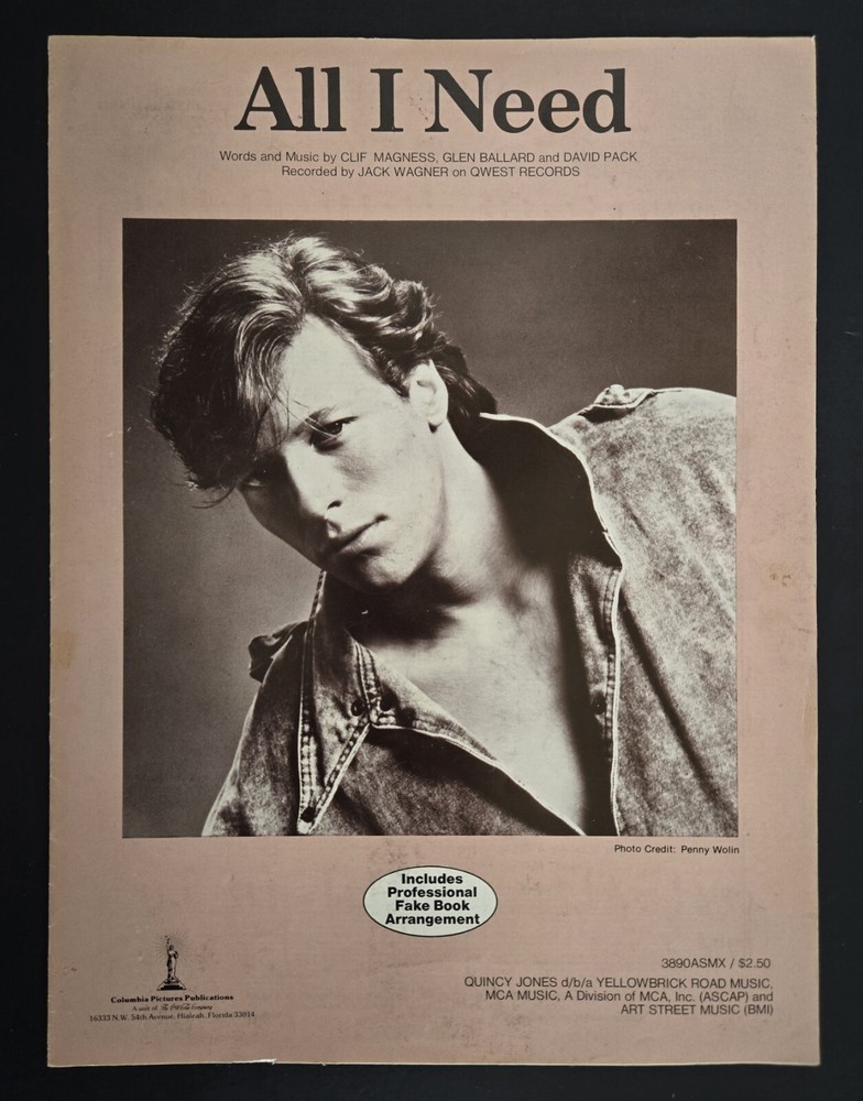 Jack Wagner All I Need Sheet Music Piano 1984 Yellowbrick Road Music USA SELLER