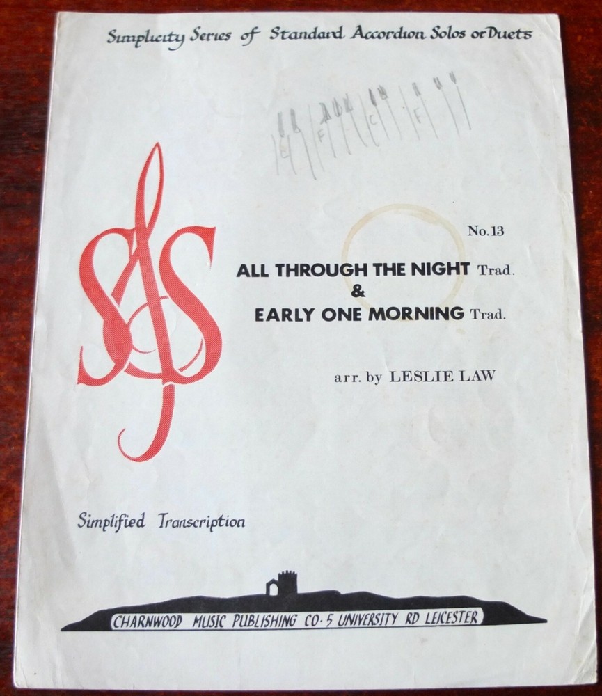 ALL THROUGH THE NIGHT & EARLY ONE MORNING EASY ACCORDION SOLO SHEET MUSIC (1967)