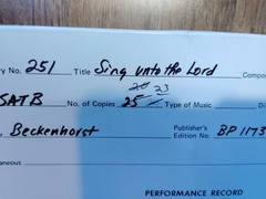 Sing Unto the Lord SATB Choral Sheet Music Charles Yannerella 25 Copies Beckenh