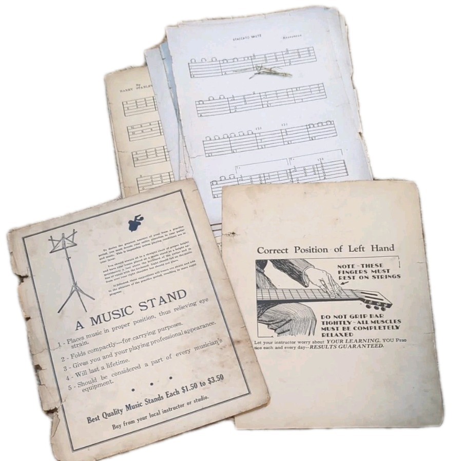 Mixed Media Art 1930 Ephemera Sheet Music instruction Equip Ads Handwritten