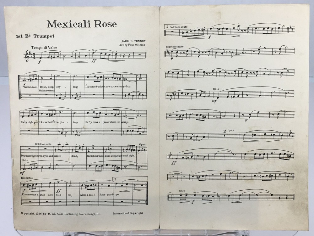 Mexicali Rose Trumpet Sheet Music By Jack Tenney Paul Weirick MM Cole Pub 1936
