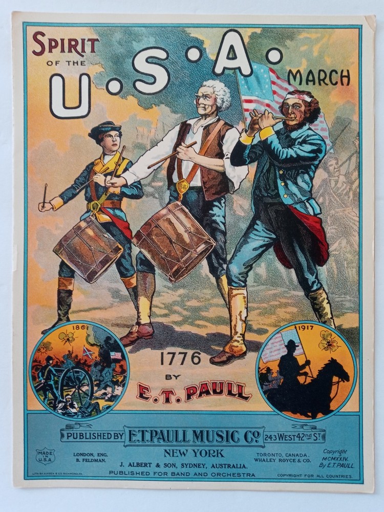 1924 E.T. Paull Spirit of the U.S.A. USA March Sheet Music Solo Beautiful Litho