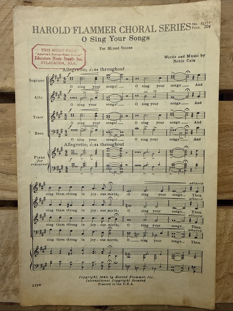 O Sing Your Songs (for mixed voices, acapella) (1943 Sheet Music)