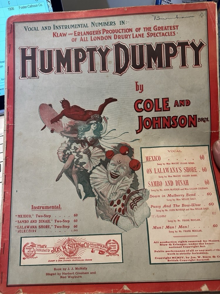 1904 Cole & Johnson 11×14 Revue Sheet Music HUMPTY DUMPTY ‘Mexico’