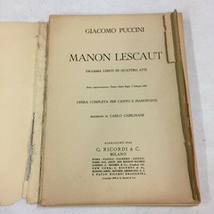 G Puccini Manon Lescaut Ricordi Printed in Italy Song Book 1893 Antique