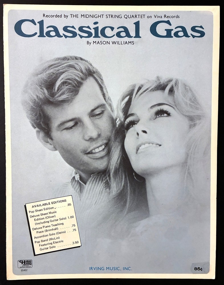 1968 MASON WILLIAMS « CLASSICAL GAS » SHEET MUSIC – POP – MIDNIGHT STRING QUARTET