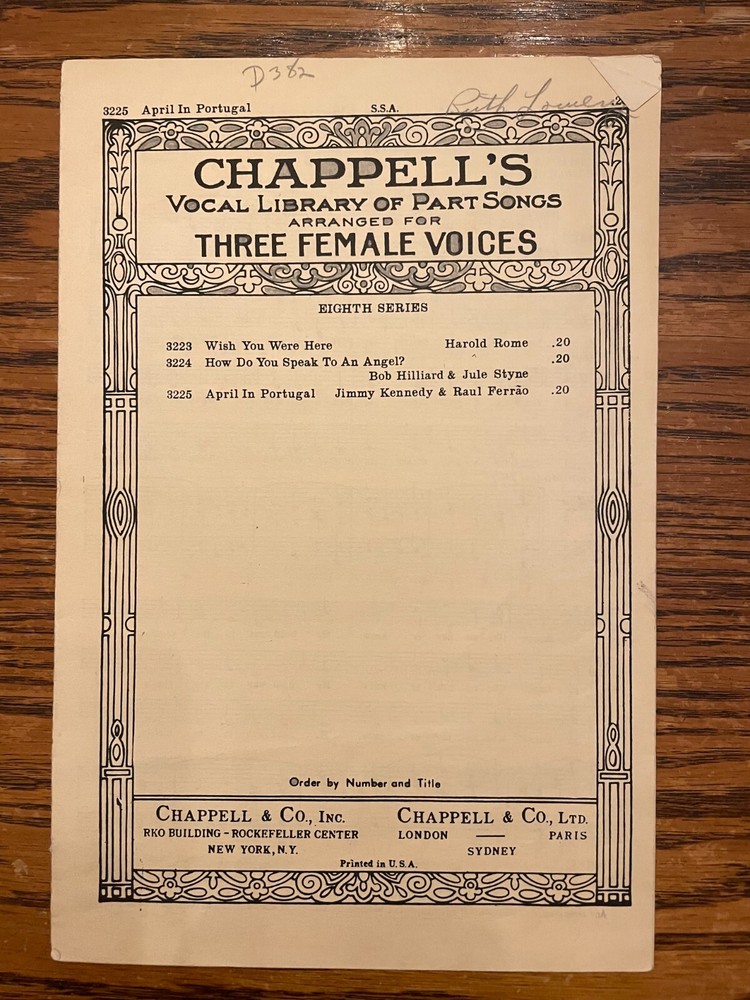 April In Portugal Sheet Music Chappell&rsquo;s Vocal Library Three Female Voices 1953
