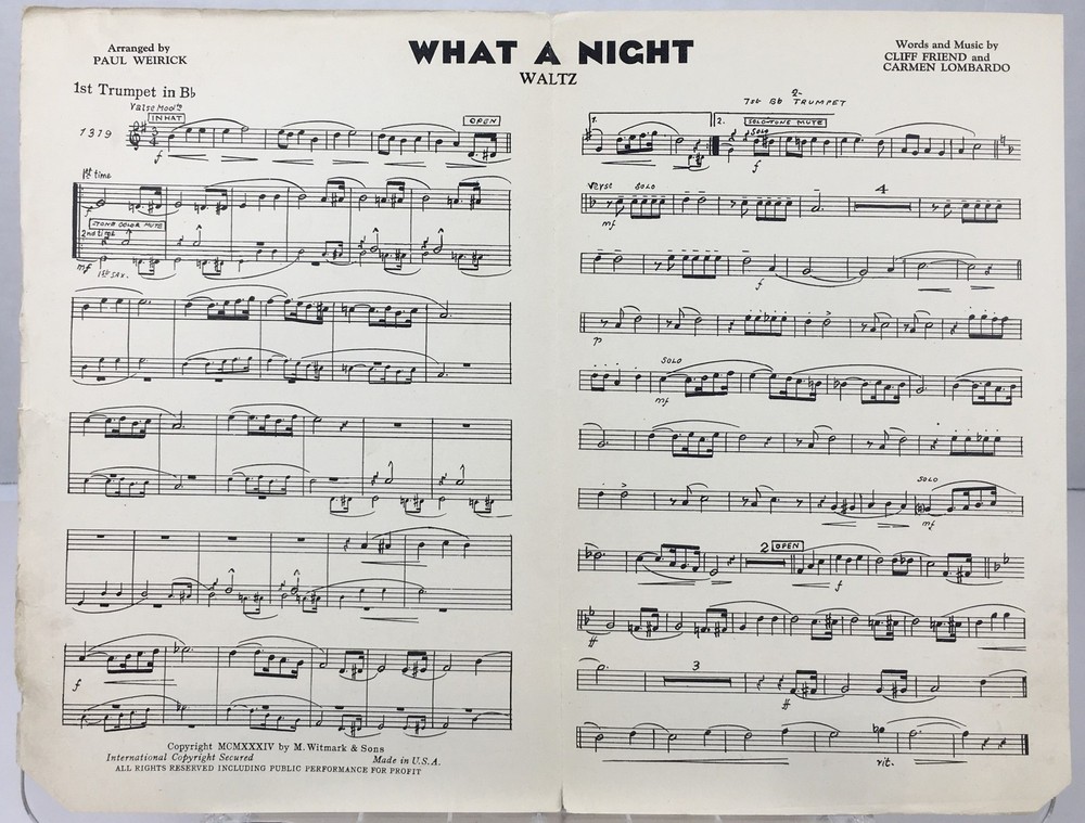 What A Night Waltz Sheet Music 1934 Trumpet Solo M. Witmark
