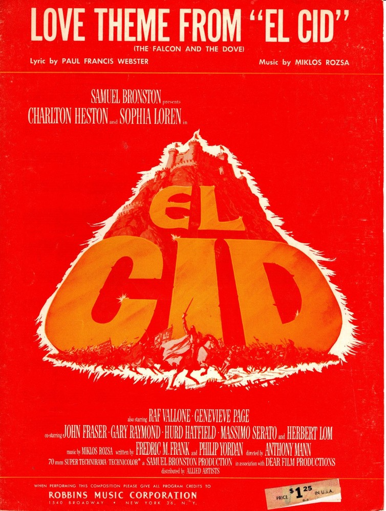 MOVIE SHEET MUSIC: Miklos Rozsa Love Theme from EL CID – Excellent