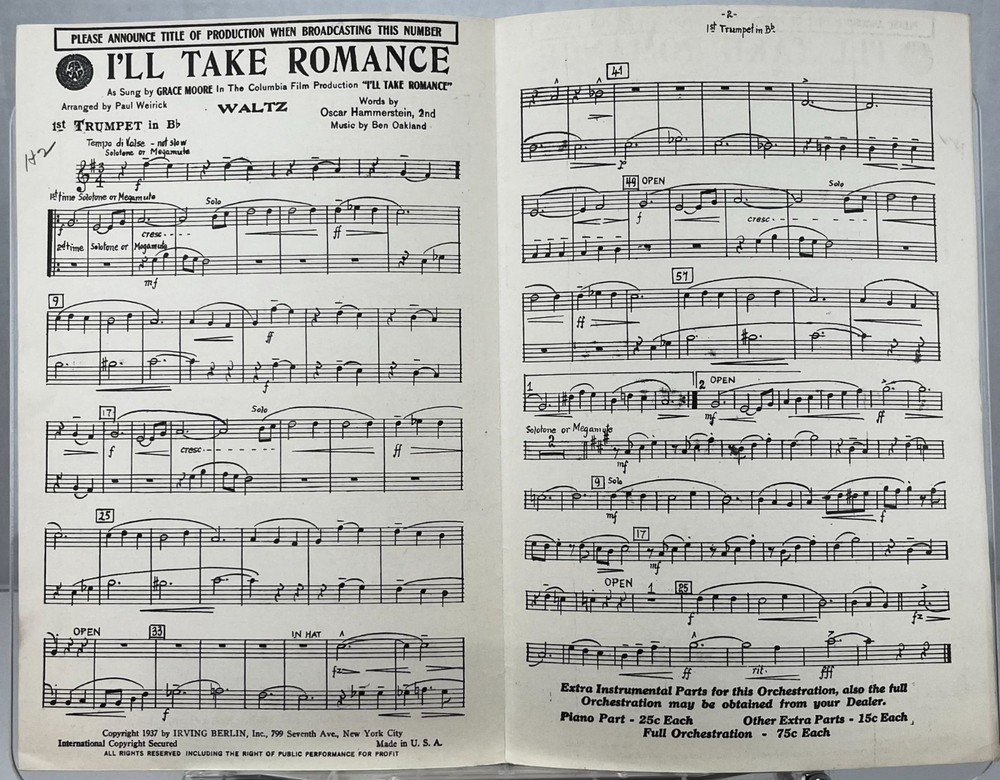 I&rsquo;ll Take Romance Trumpet Sheet Music By Oscar Hammerstein II Irving Berlin 1937