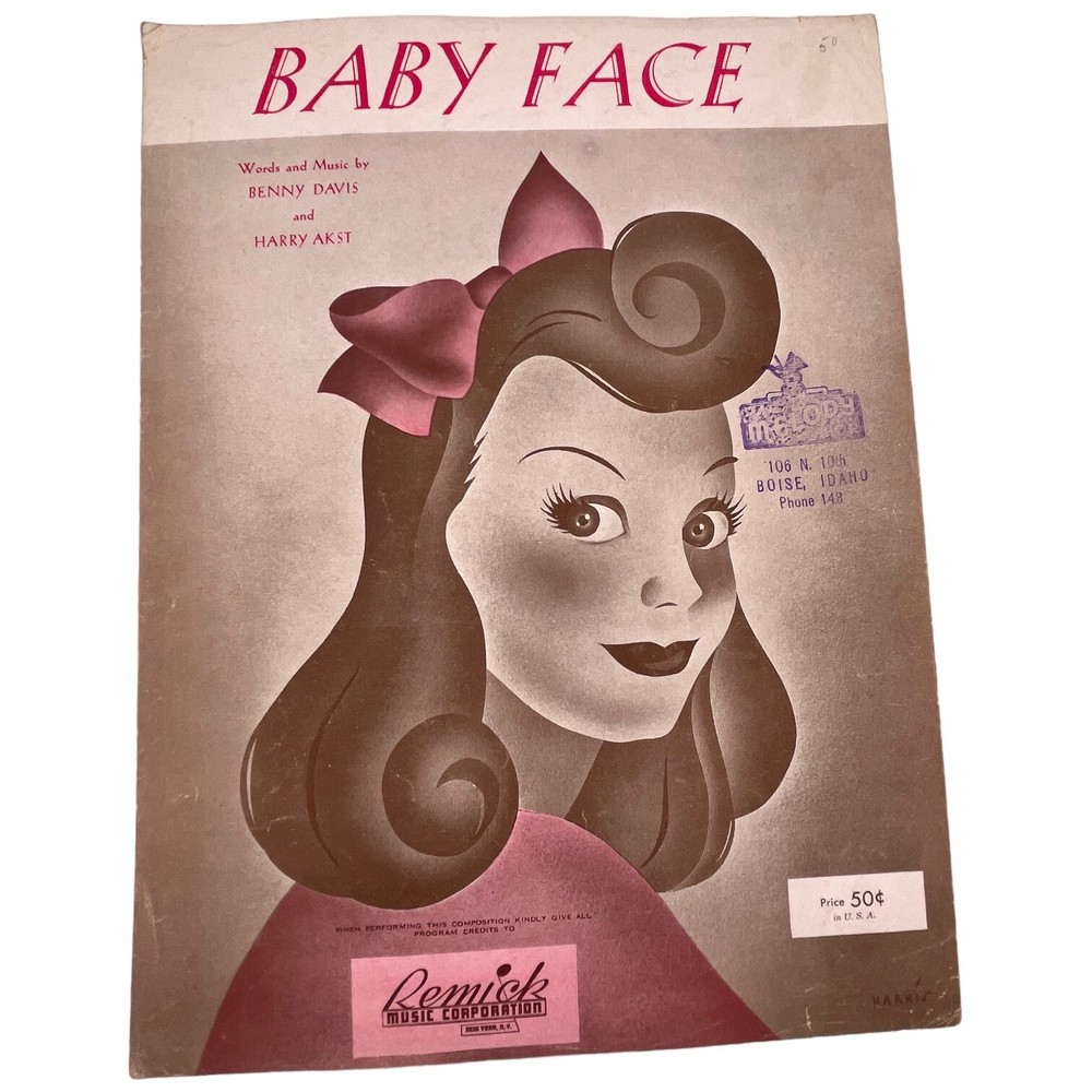 Vintage Baby Face Sheet Music 1926 Benny Davis Harry Akst Lady with Bow