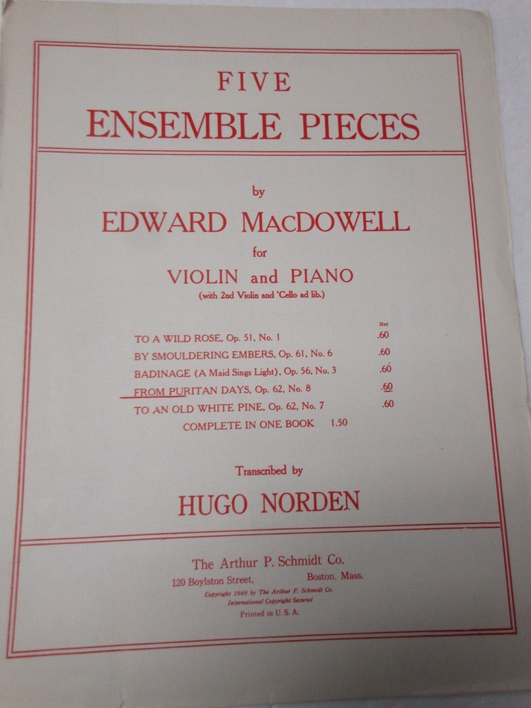 Edward MacDowell From puritan Days Violin Cello and Piano Sheet Music