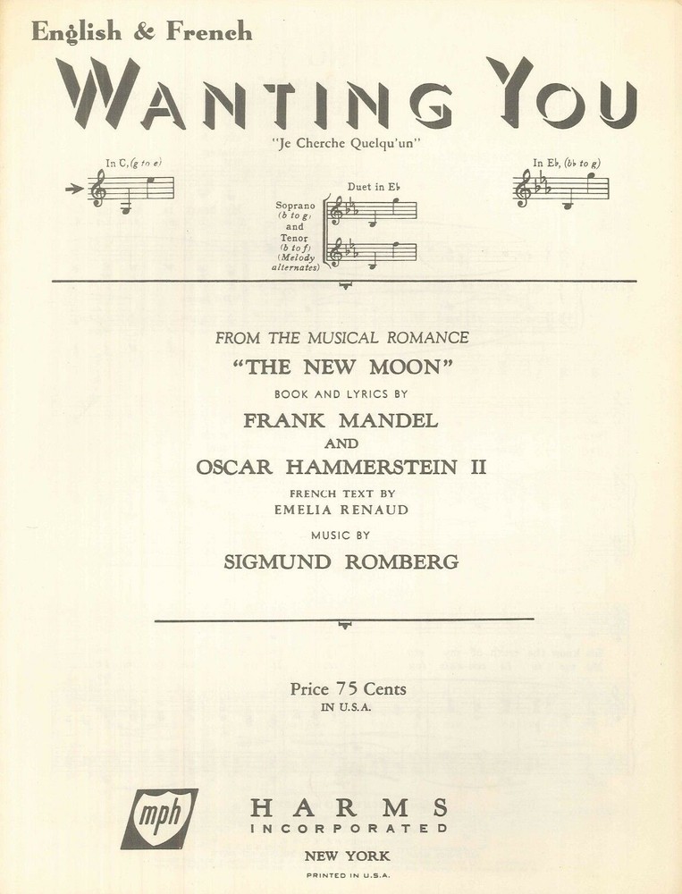 Wanting You Sheet Music Solo Voice In C Piano 1950 French English Hammerstein
