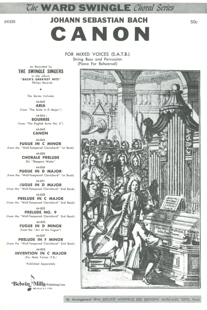 J. S. Bach Canon Sheet Music for SATB Chorus Bass Percussion 1964 Swingle Jazz