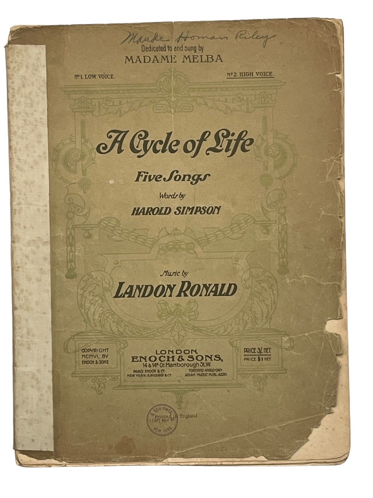 1906 Sheet Music Book A CYCLE OF LIFE Landon Ronald High Voice Madame Melba