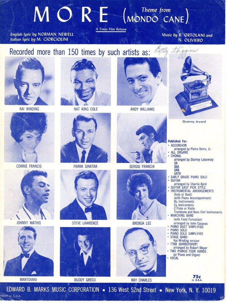 Sheet Music Vintage More Theme from Mondo Cane 1963 Multiple Artists Recorded #1