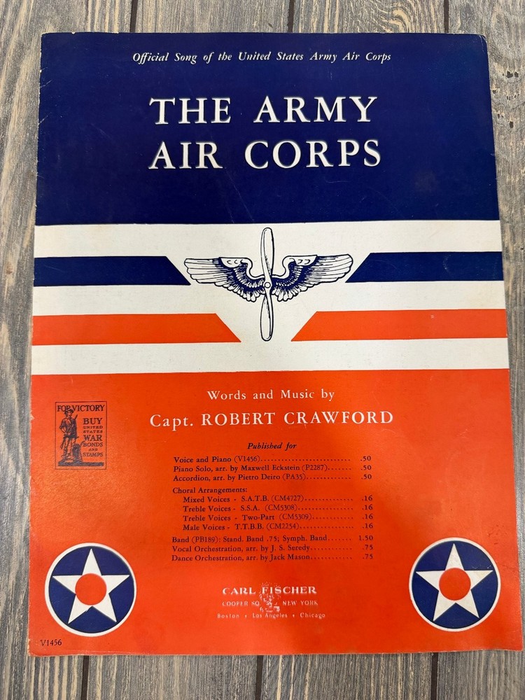 The Army Air Corps Sheet Music Capt. Robert Crawford P/V/G Carl Fischer 1939