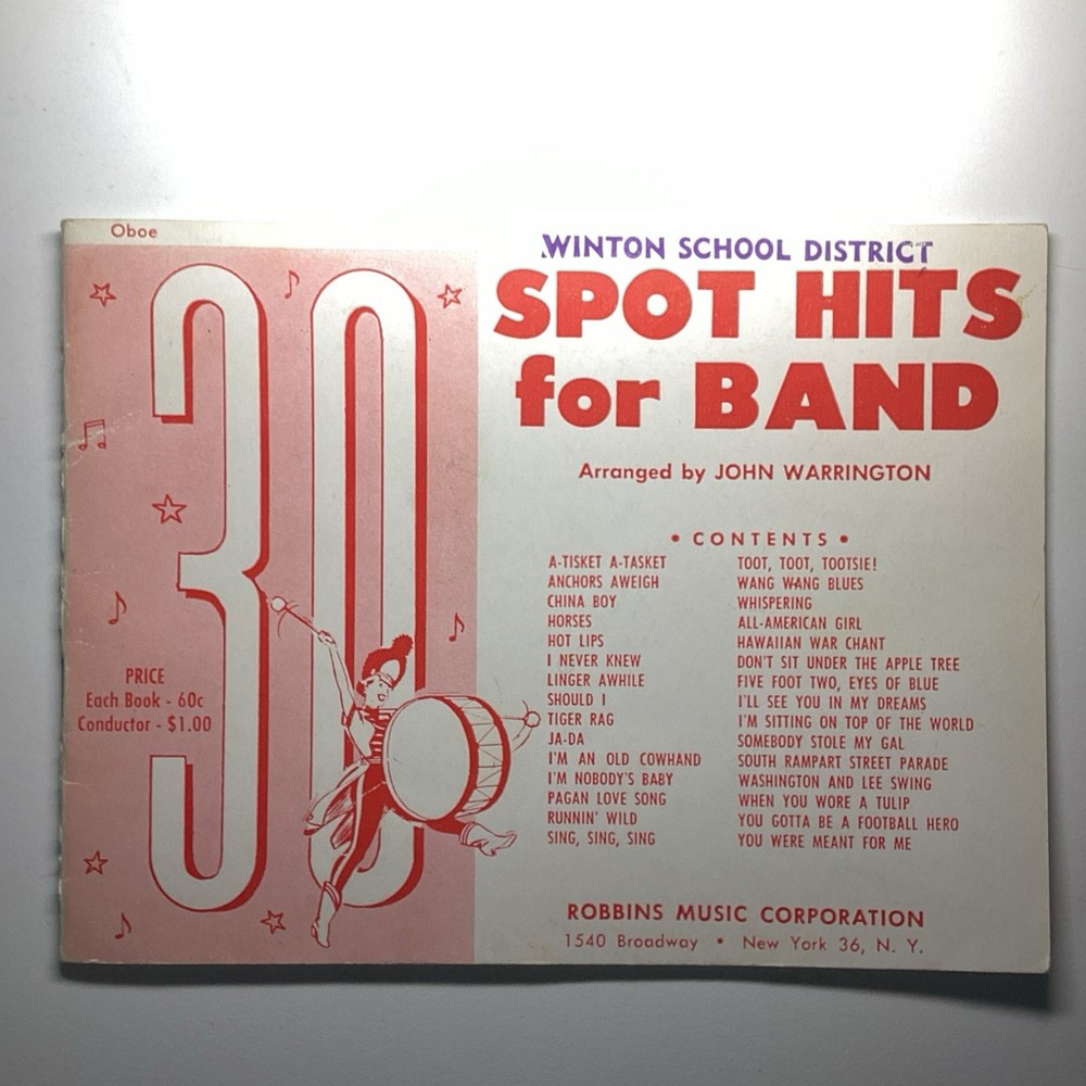 Robbins Music Corporation MPN 30 Spot Hits for Band Oboe Song Book Marching