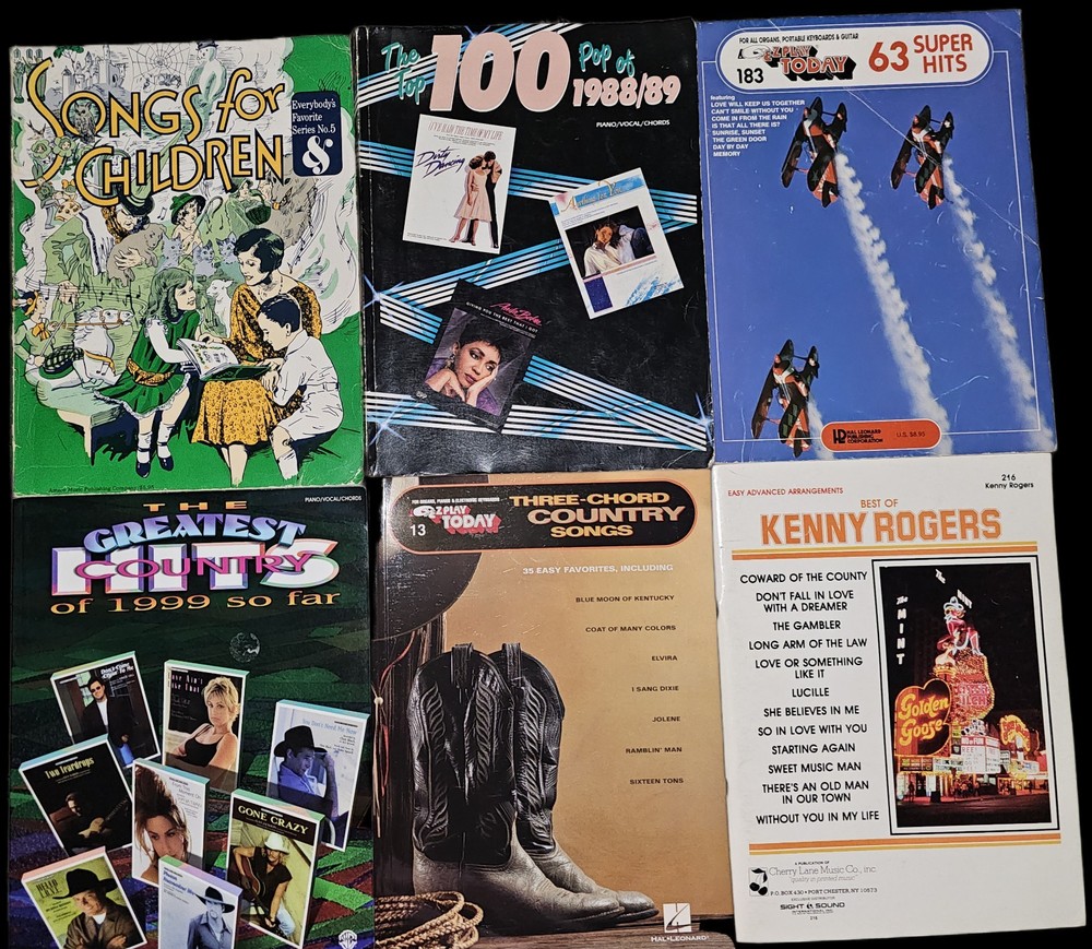 1980s-1990s Song Book Lot of 6 Piano Vocal Chords Pop Rock TV Country Mixed