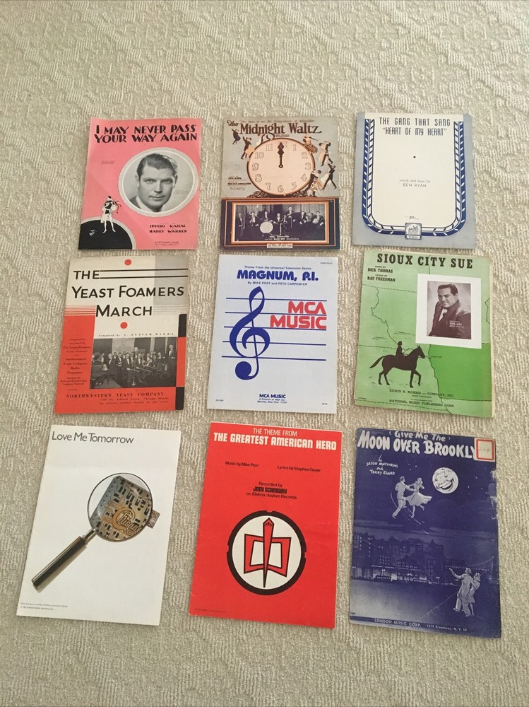 9 Pieces of Vintage Sheet Music Variety 1920s – 1980s. Piano -Band