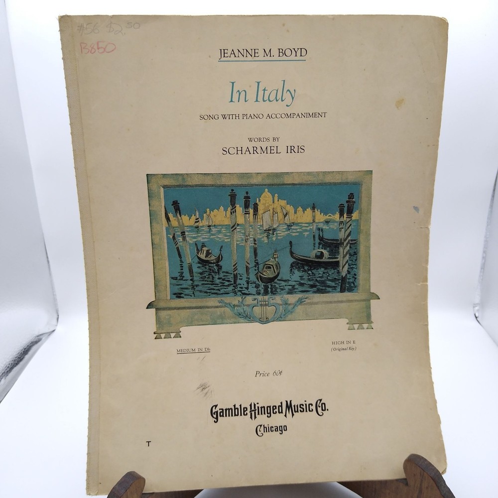 Vintage Sheet Music, In Italy by Jeanne M Boyd and Scharmel Iris, Gamble Hinged
