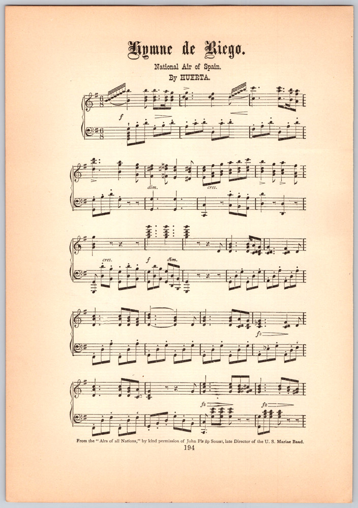 1894 Print Sheet Music Hymne de Riego National Air of Spain