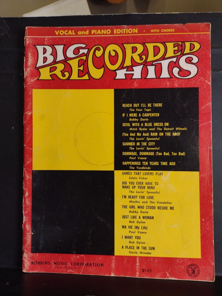 Vintage 1960&rsquo;s Songbook Big Recorded Hits Piano Guitar Vocal 1967 Pop Rock VG