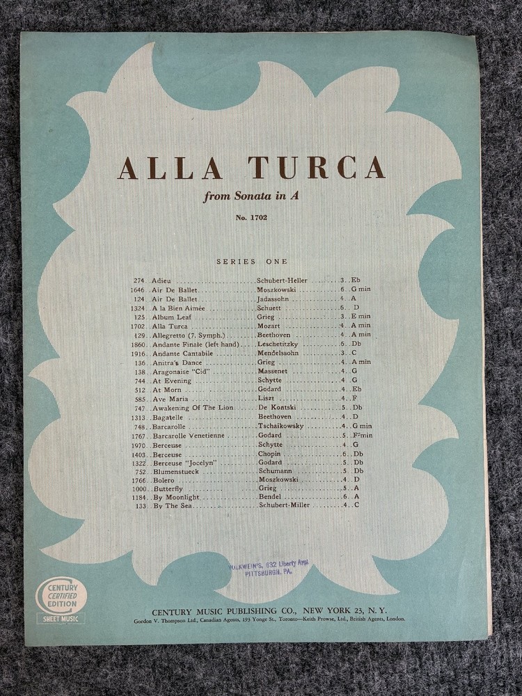 Alla Turca Sheet Music W. A. Mozart Century P. Solo 1702