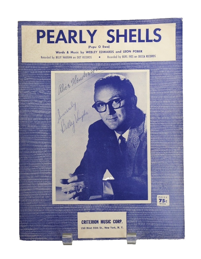 Pearly Shells Sheet Music Autographed Billy Vaughn Piano Voice 60s Folk Pop F1F