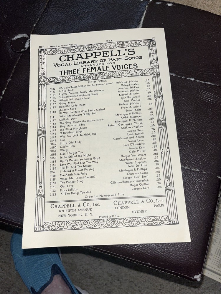 Chappells Vocal Library of Part Songs Three Female Voices Sheet Music 3153 GOOD