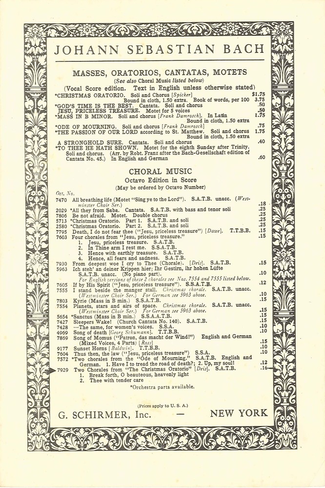 Bach 2 Chorales From Christmas Oratorio Sheet Music SATB A Cappella 1935 Deis