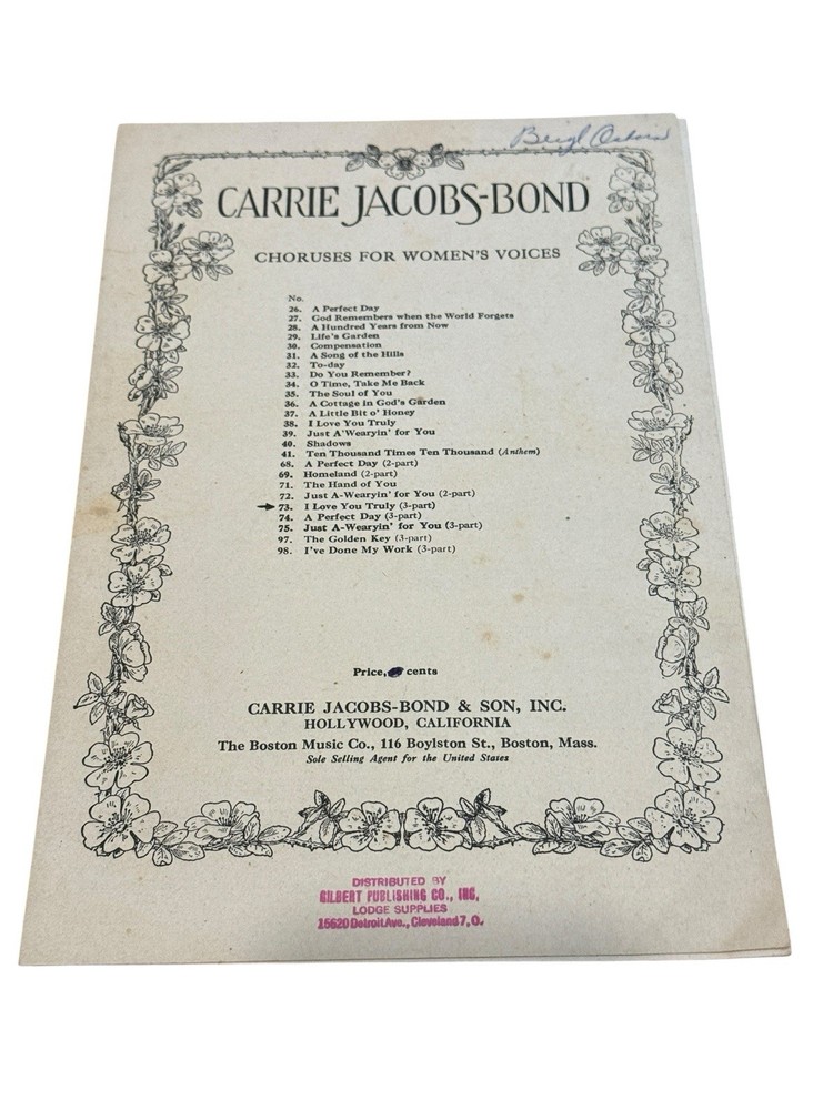 Antique Carrie Jacobs-Bond Women’s Chorus Sheet Music MCMI 1901 VTG