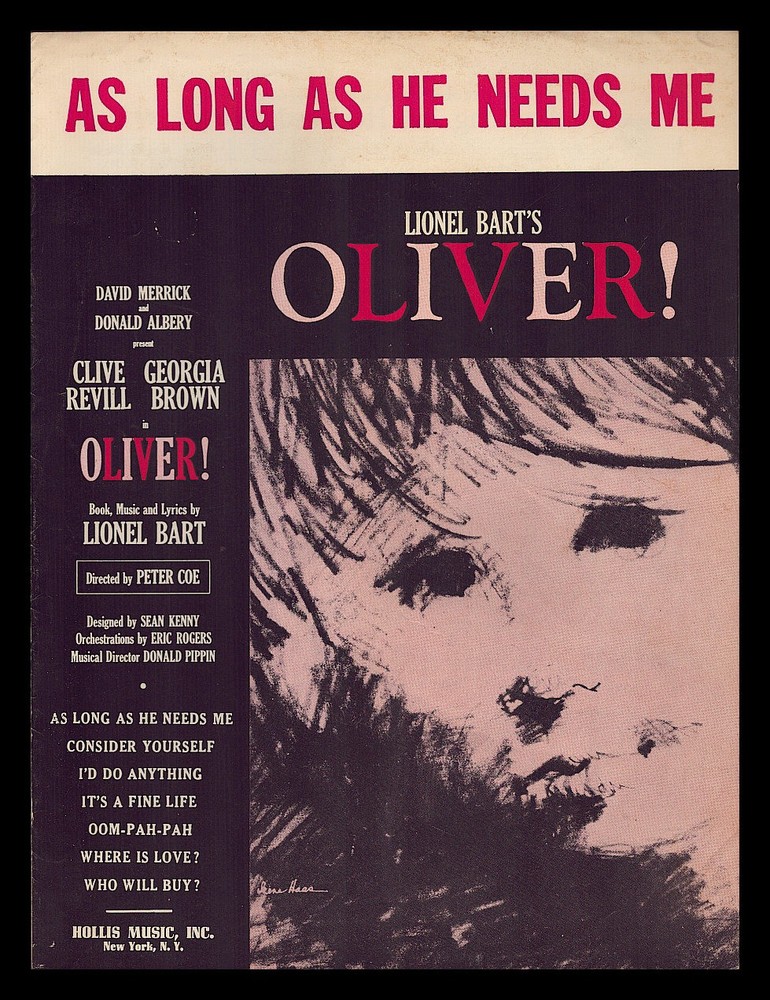 OLIVER Lionel Bart 1963 AS LONG AS HE NEEDS ME Show Vintage Sheet Music