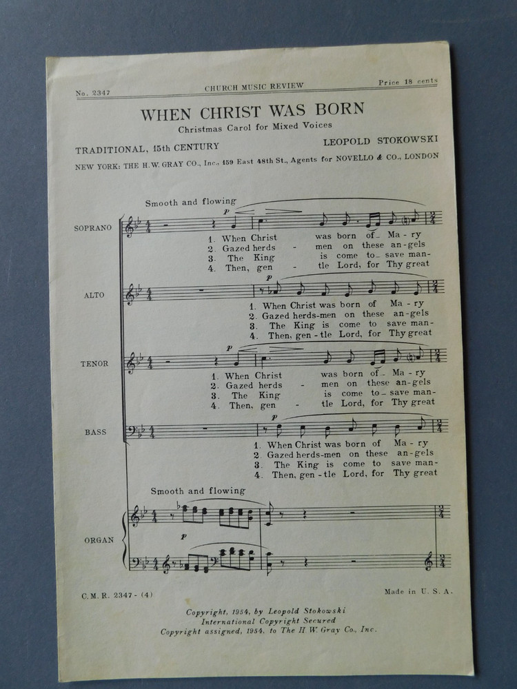 When Christ Was Born – 1954 sheet music – SATB Vocal & Organ – Stokowski – Carol
