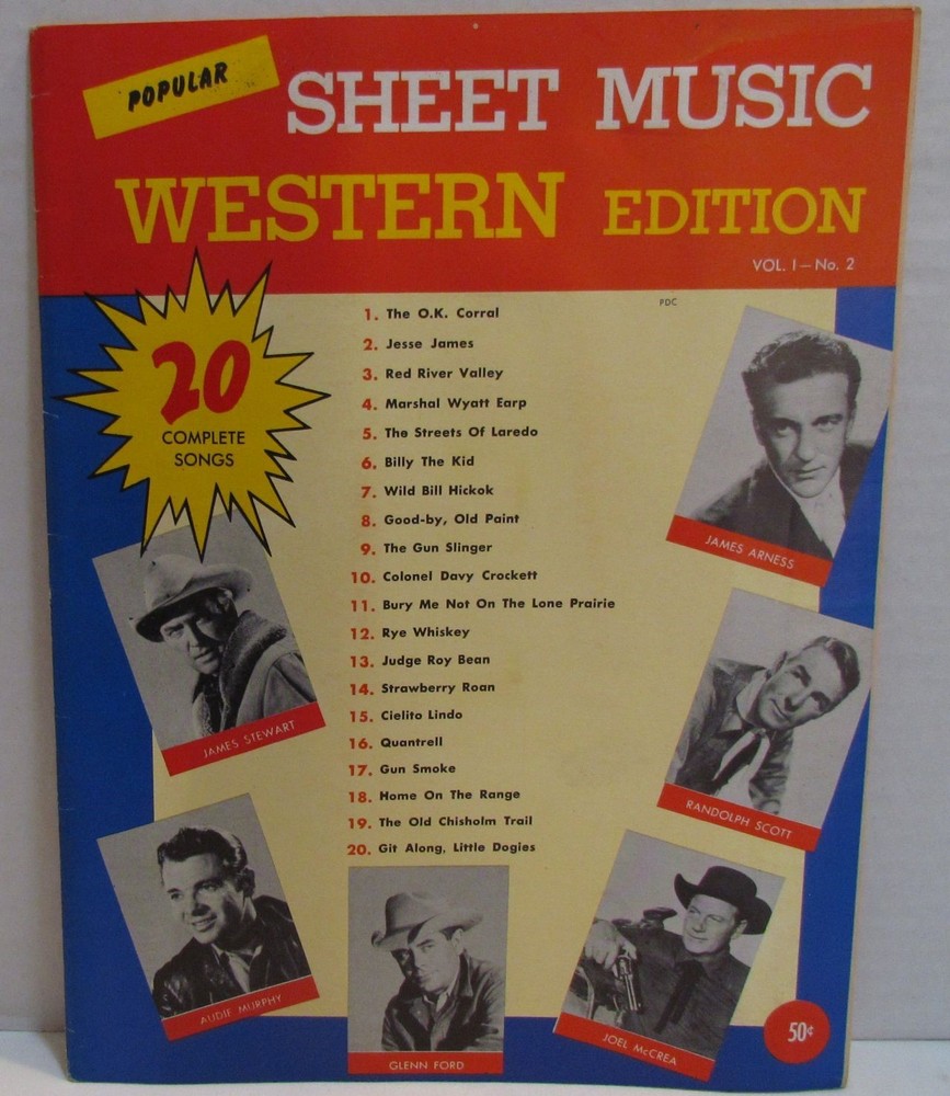 1957 Popular Sheet Music Western Edition, Gunsmoke, James Stewart, Glenn Ford