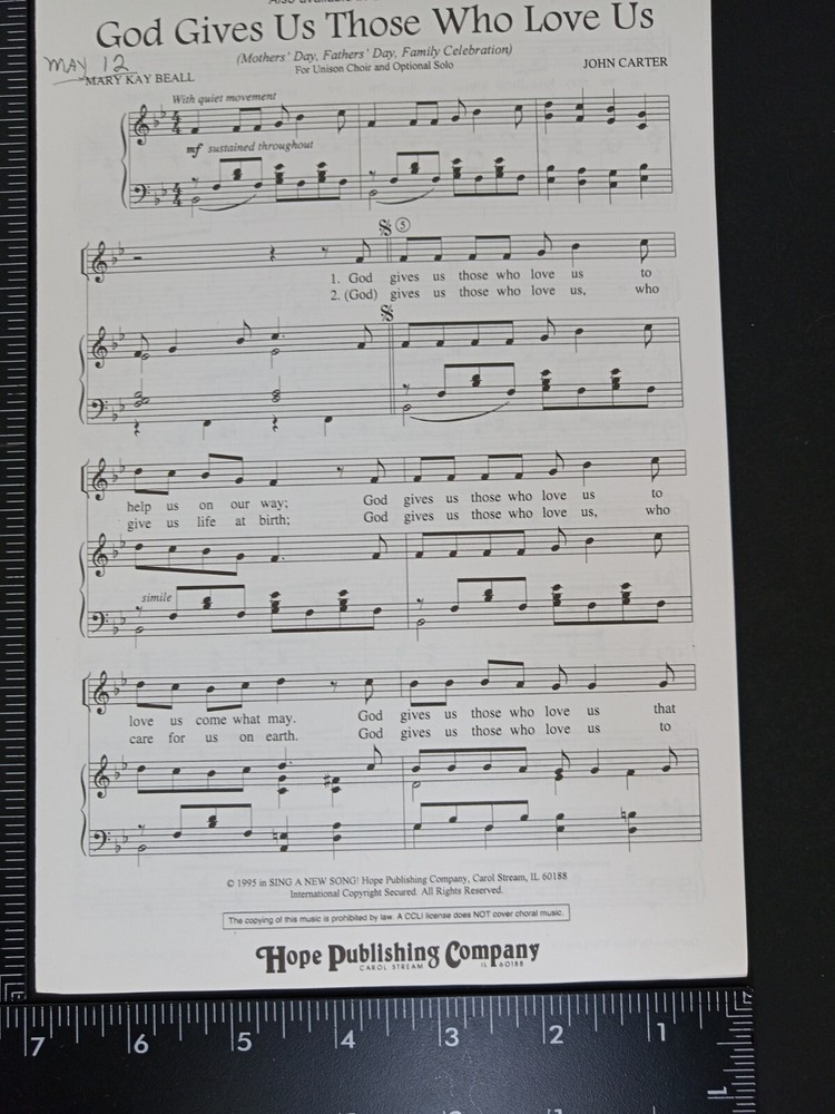 CHOIR – ANTHEM SHEET MUSIC: God Gives Us Those Who Love Us Unison with opt Solo