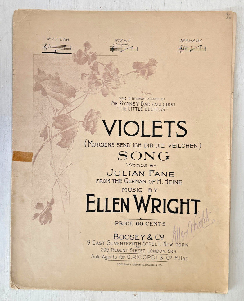 Vintage Sheet Music-1900-Violets-English-German-Wright-Fane-Piano-Vocal-Large