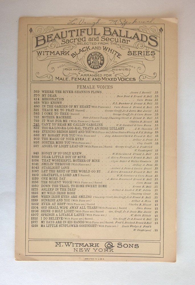 Can&rsquo;t Yo Heah Me Callin Caroline 1926 Choral Sheet Music Song 4 Female Voices