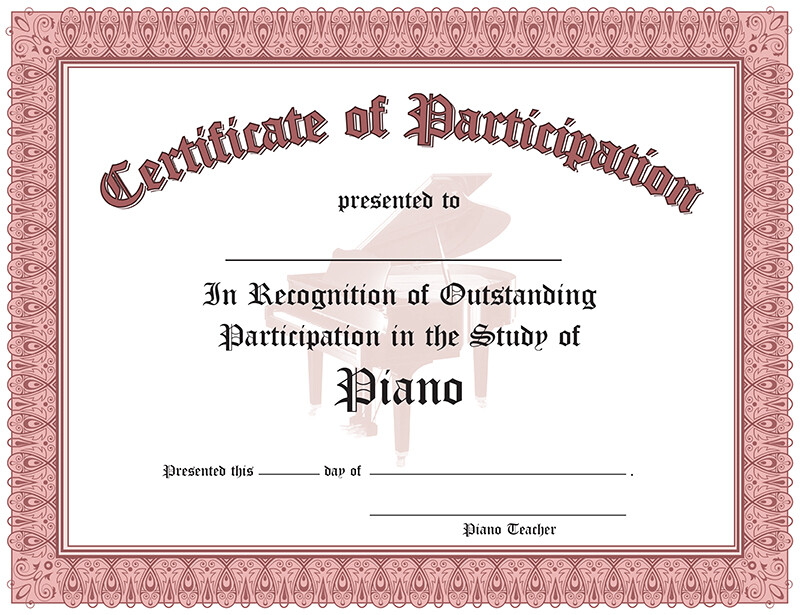 Certificate of Outstanding Participation in the Study of Piano – Publisher Ships