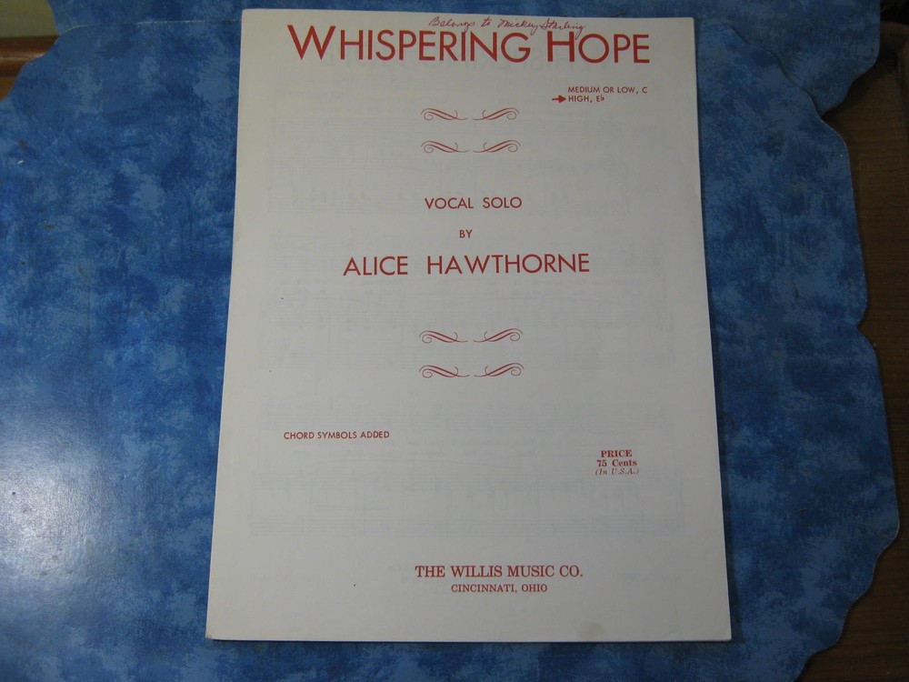 VTG WHISPERING HOPE SHEET MUSIC Vocal Solo by Alice Hawthorne HIGH VOICE 1963