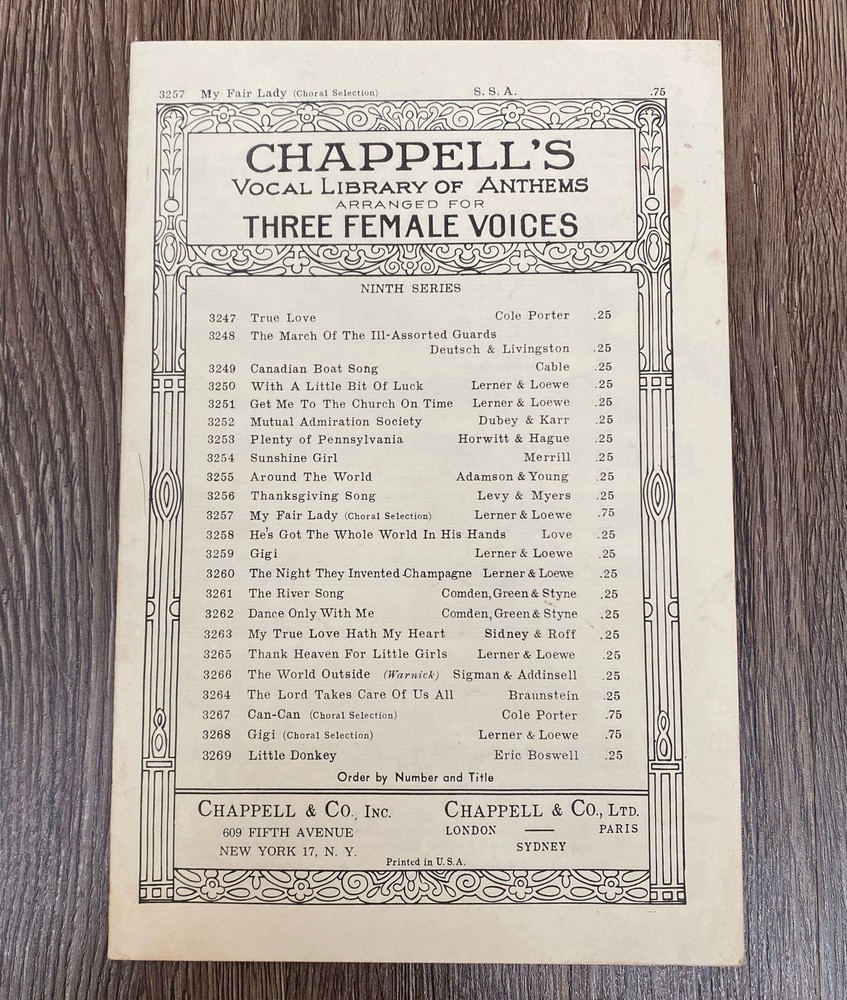 My Fair Lady SSA Choral Music 1958 Three Female Voices Sheet Music