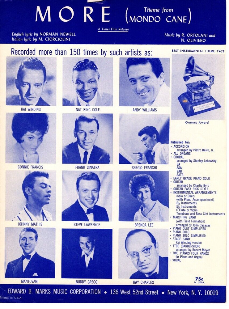Sheet Music Vintage More Theme from Mondo Cane 1963 Multiple Artists Recorded #2