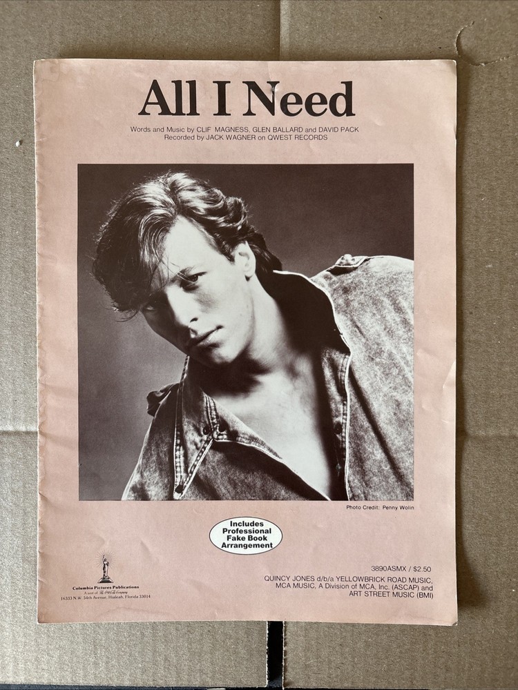 Jack Wagner All I Need Sheet Music Piano 1984 Yellowbrick Road Music USA 80-3