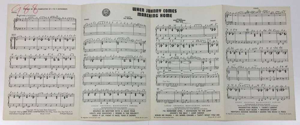 1941 Piano Sheet Music When Johnny Comes Marching Home Leeds Original Manuscript
