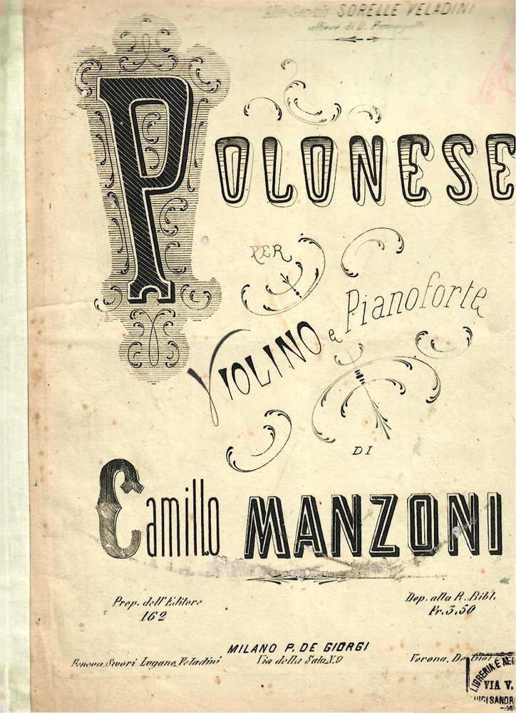 Polonese sheet music Camillo Manzoni Violin, piano duet, published 19th C Italy