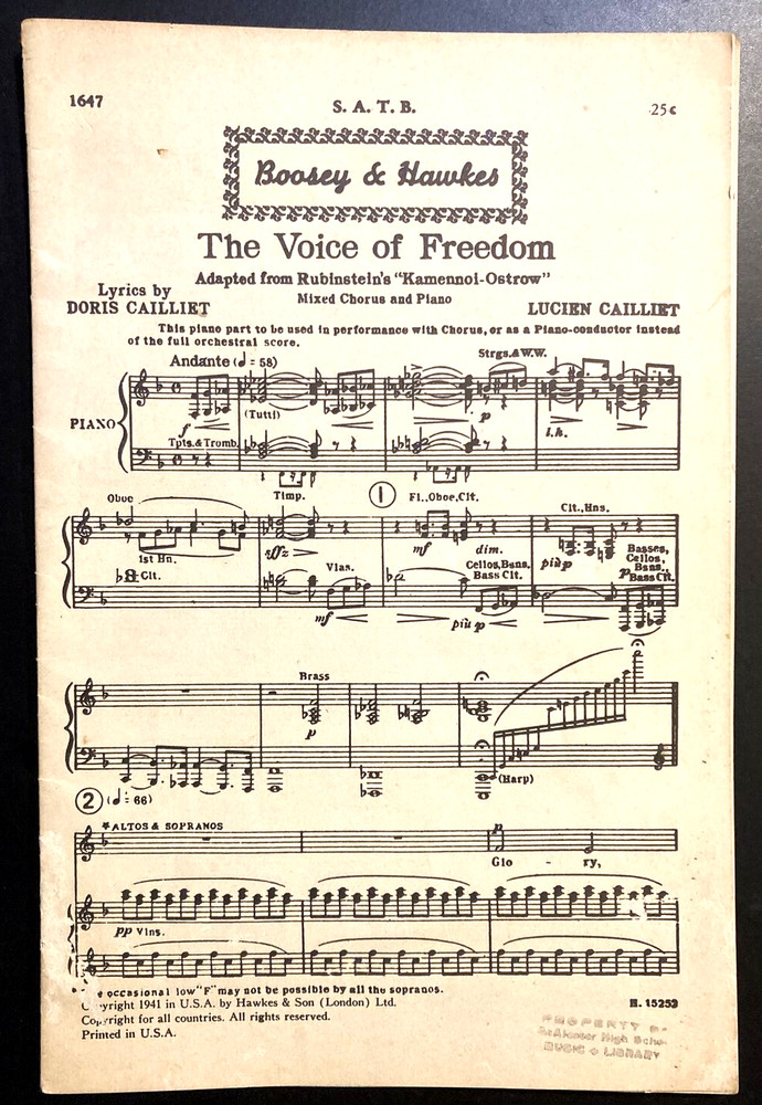 Boosey and Hawkes Sheet Music The Voice of Freedom Rubenstein Cailliet 1941
