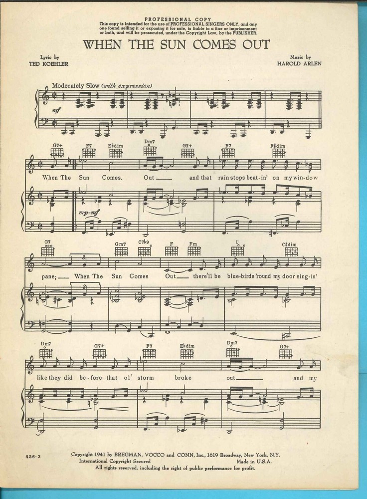 Harold ARLEN & Ted Koehler – WHEN THE SUN COMES OUT (professional copy) – 1941