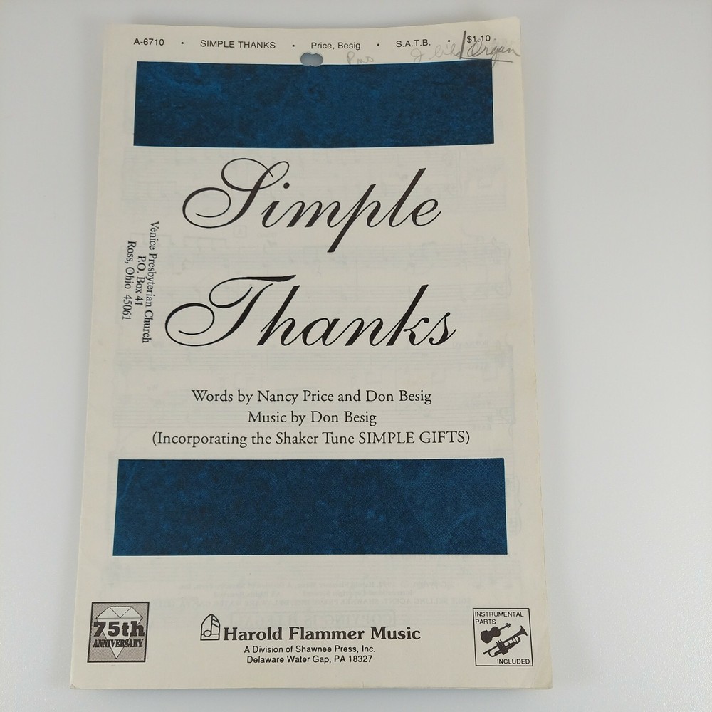 Simple Thanks Sheet Music, Nancy Price, Don Besig 1992 Harold Flammer Music