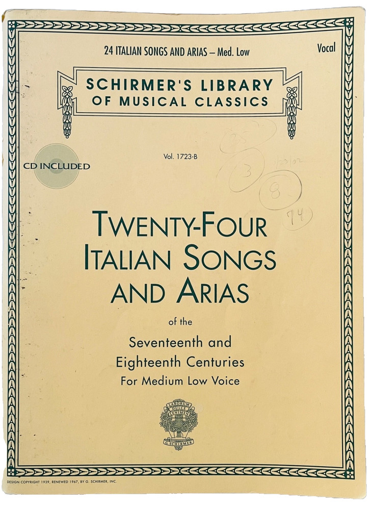 24 Italian Songs & Aria Music Book Schirmer&rsquo;s Library Medium Low Voice + CD